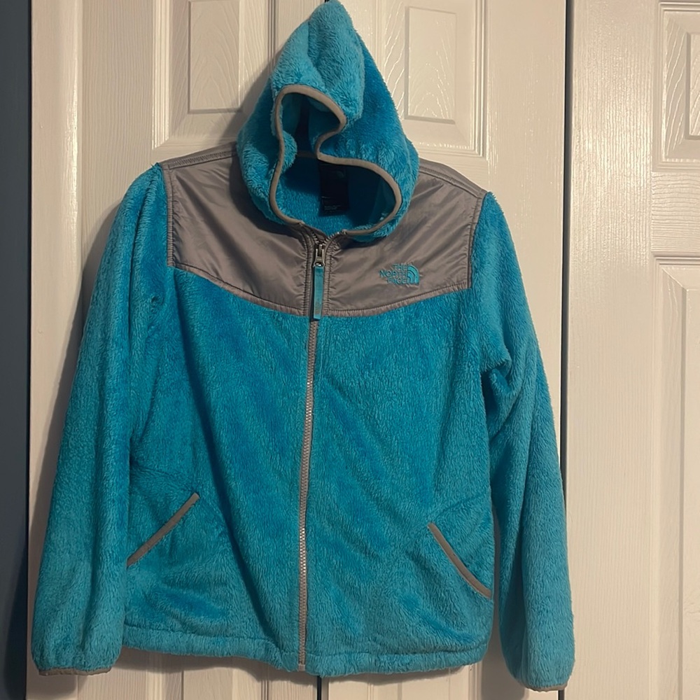 The North Face Girls zip up in blue and grey with hood size Large 14-16